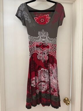 Desigual Gray and Red Floral Midi Dress